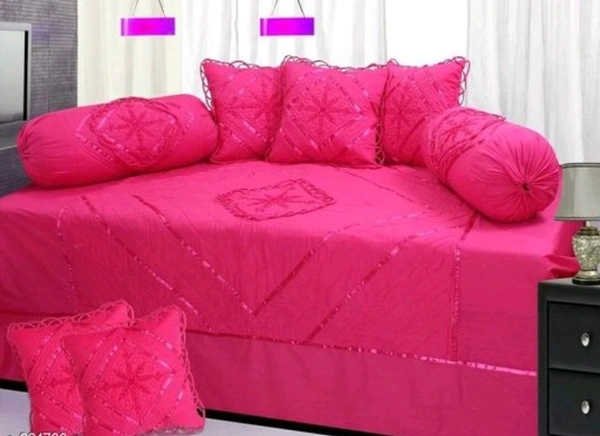 latest New Design Soft Cotton Embroodiery1 bedsheet 2bolster and 5 Cushion cover Diwan Set - Free Size, Deep Pink, Cotton, Diwan Sets, Multipack:1